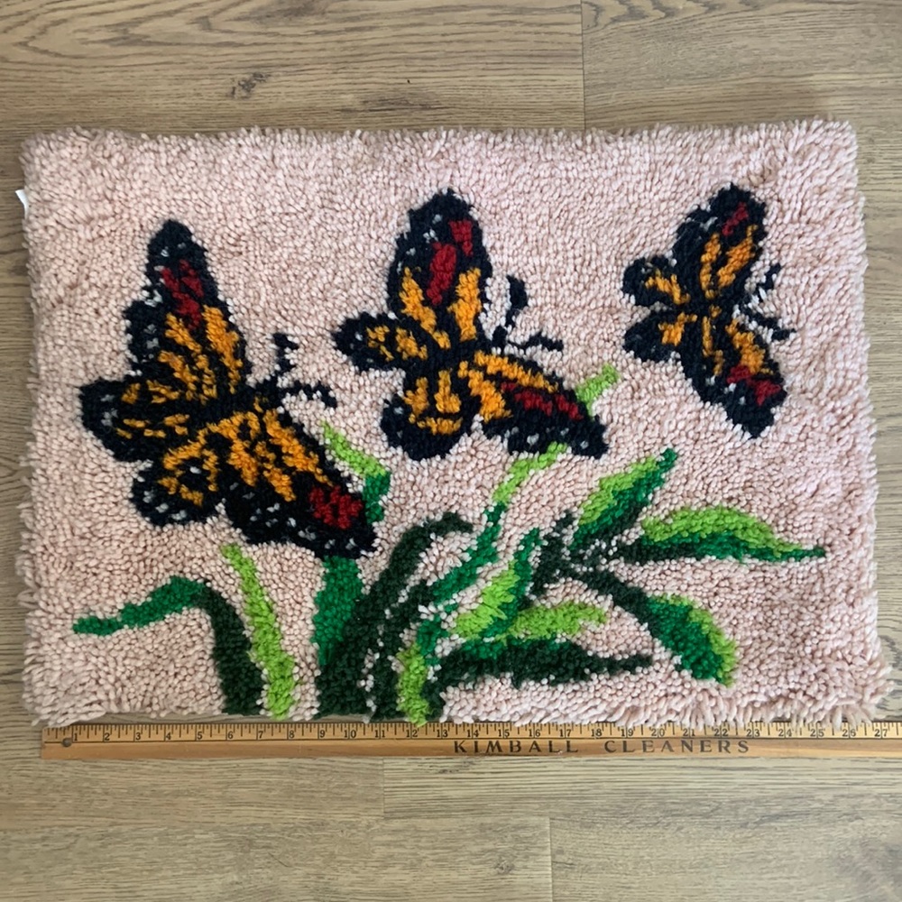 Vintage handmade latch hook rug monarch butterflies